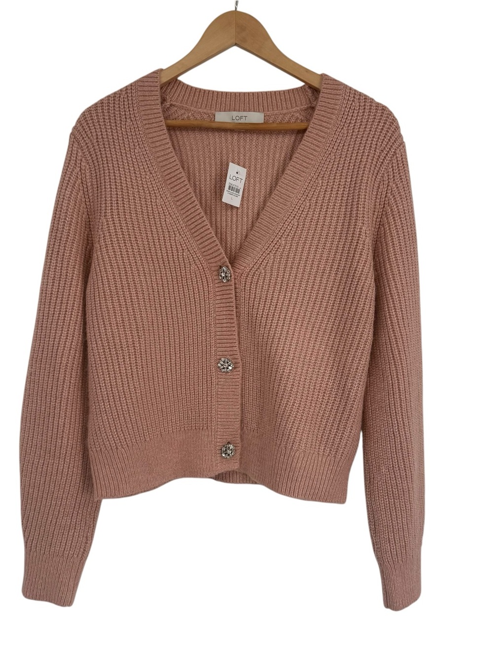 Loft shimmer Women's Pink Cardigan Sweater size L ribbed NWT V-neck Long Sleeves